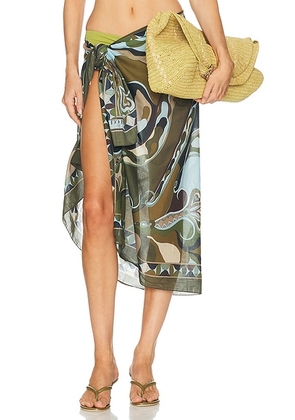 Emilio Pucci Cotton Pareo in Khaki & Blue - Green,Blue. Size all.