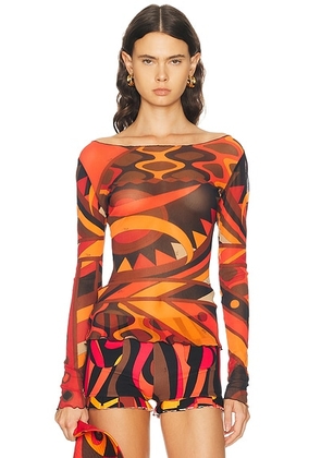 Emilio Pucci Tulle Long Sleeve Top in Orange & Black - Orange,Black. Size 42 (also in 44).
