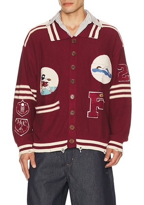 Found Varsity Patch Collared Cardigan in Deep Red - Red. Size L (also in S, M, XL/1X, XXL/2X).