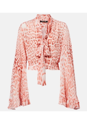 Roberto Cavalli Leopard-print tie-neck jersey blouse