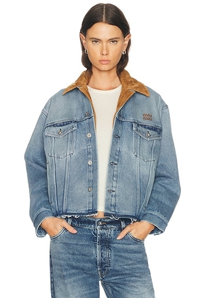 Miu Miu Denim Pelle Jacket in Azzurro - Blue. Size 38 (also in 36, 40, 42).