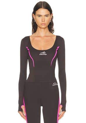 Balenciaga Long Sleeve Fitted Top in Kaki Brown & Fluo Pink - Brown. Size M (also in XS, S, L).