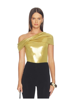 Norma Kamali Sleeveless Cowl Neck Hooded Bodysuit in Metallic Gold. Size XXS. Also in XS, S, M, L, XL.