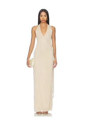 SNDYS Tiare Shimmer Maxi Dress in Beige. Size XXS. Also in XS, S, M, L, XL.