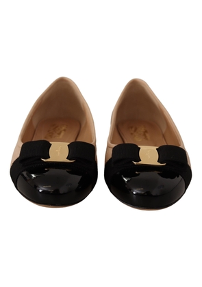 Salvatore Ferragamo Beige and Black Nappa Leather Ballet Flat Shoes - EU35/US4.5