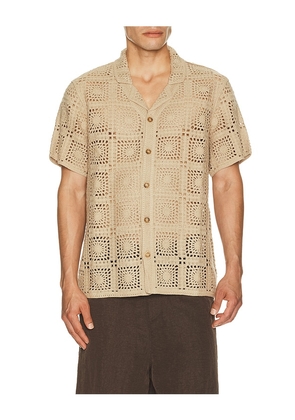 Marine Layer Callum Crochet Button Down Shirt in Brown. Size S. Also in M, L, XL/1X.