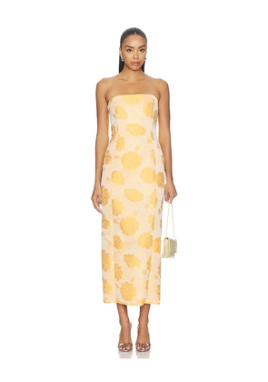 Milkwhite Floral Strapless Midi Dress in Yellow. Size XS. Also in S, M.