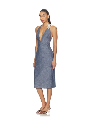 Milkwhite Midi V-neck Dress With Flower Detail in Blue. Size XS. Also in S, L.