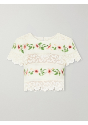 Oscar de la Renta - Floral-print Lace-trimmed Cotton-blend Poplin Blouse - White - US0,US2,US4,US6,US8,US10