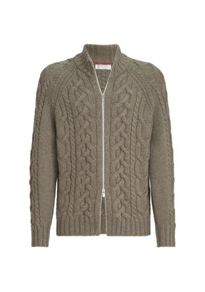 Brunello Cucinelli Cable knit cardigan in cashmere Feather yarn with zipper - Green