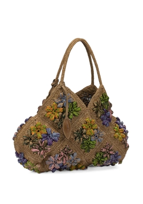 AFAR floral-applique raffia shoulder bag - Brown