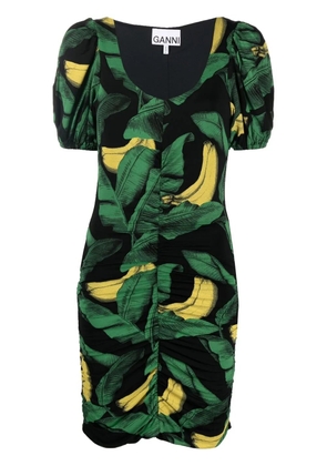 GANNI banana-print puff-sleeve dress - Black