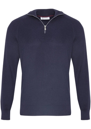 Brunello Cucinelli cotton English rib sweater with half zip and raglan sleeves - Blue