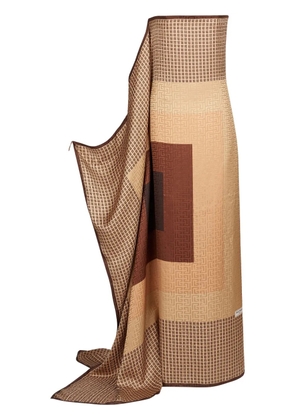 Balmain monogram-print strapless silk maxi dress - Brown