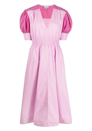 GANNI V-neck puff-shoulder midi dress - Pink