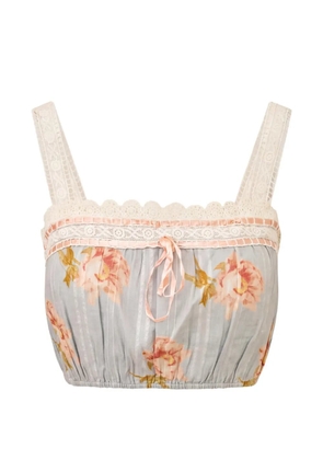 LoveShackFancy Broca peony-print lace-trim cropped blouse - Blue