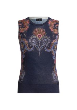 ETRO sleeveless silk and cashmere top with placed Paisley print - Blue