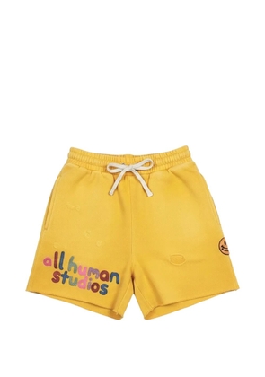 ALL HUMAN embroidered distressed track shorts - Yellow
