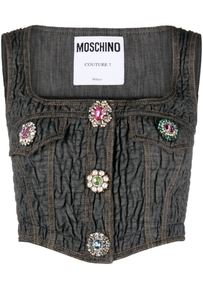 Moschino brooch-embellished denim bustier - Black