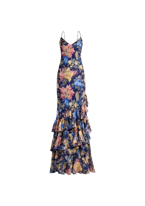 ETRO long seersucker dress with ruffles and floral motif - Blue