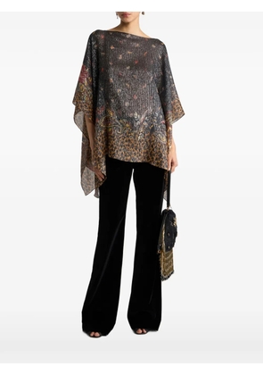 ETRO silk poncho top with striped animal and floral Paisley motif - Black