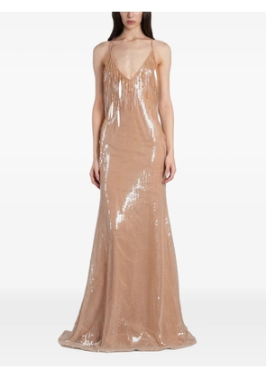 David Koma sequin-embellished fringed maxi dress - Neutrals