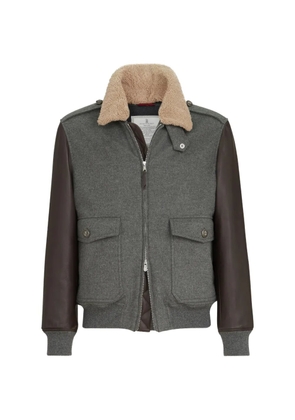 Brunello Cucinelli Bonded cashmere beaver cloth and nappa leather bomber jacket with Thermore® padding and detachable shearling collar - Grey