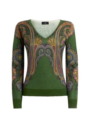 ETRO silk and cashmere sweater with V-neck and placed Paisley-print - Green