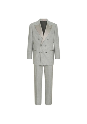 Brunello Cucinelli cashmere and silk lightweight flannel tuxedo: one-and-a-half breasted jacket and trousers with double pleats and waist tabs - Grey