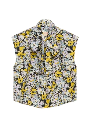 Marni black poplin sleeveless blouse with pop flowers print
