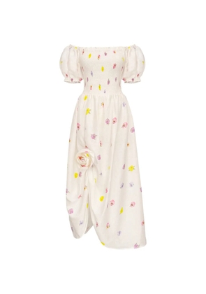 Sleeper Belle floral-print smocked linen midi dress - White
