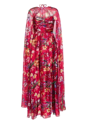 Marchesa Notte Ribbons floral-print cape gown - Red