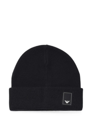 Emporio Armani logo-patch ribbed-trim beanie hat - Blue