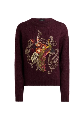 ETRO cropped cable-knit cashmere-blend sweater with peacock embroidery - Red