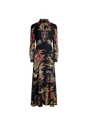 ETRO long dress with silk scarf and placed flower and animal print - Black
