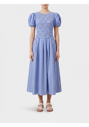 GANNI Striped Cotton Midi Dress with Puff Sleeves