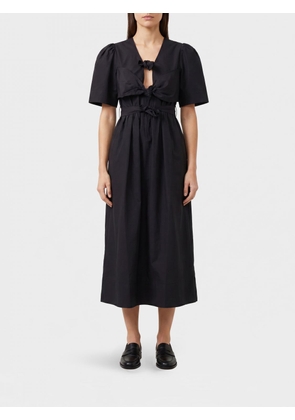 GANNI Stretch Cotton Midi Shirt Dress with Puff Sleeves and V-Neck