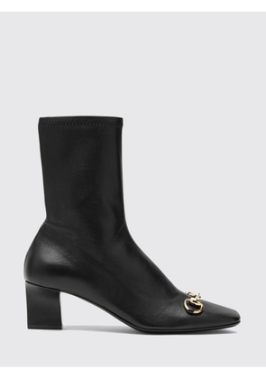 GUCCI Signora Stretch Leather Ankle Boots with Horsebit and Block Heel