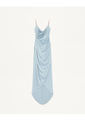 Valentino Long Dress In Embroidered Cady Satin Woman AZURE/SILVER 38