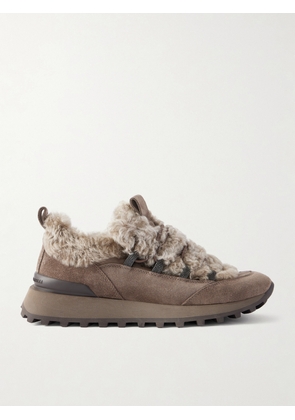 Brunello Cucinelli - Bead-embellished Shearling-trimmed Suede Sneakers - Gray - IT36,IT37,IT37.5,IT38,IT38.5,IT39