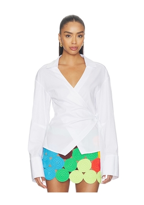 SIMONMILLER Anya Poplin Wrap Top in White. Size XS. Also in S, M, L, XL.