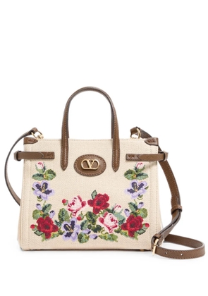 Valentino Garavani Antibes small embroidered linen shopping bag - Neutrals