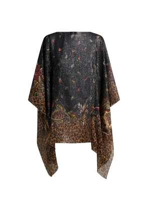 ETRO silk poncho top with striped animal and floral Paisley motif - Black