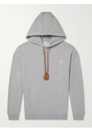 LOEWE - Anagram-Embroidered Leather-Trimmed Cotton-Fleece Hoodie - Men - Gray - XS