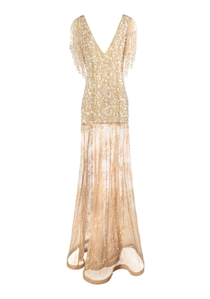 La Fuori Lacey Nude Glow Embellished Mesh Gown - Moda Operandi