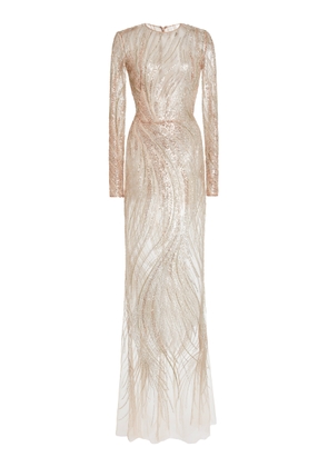 Zuhair Murad Embroidered Tulle Waves Long-Sleeved Maxi Dress - Moda Operandi