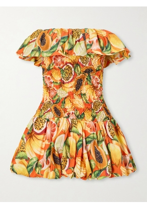 Farm Rio - Strapless Ruffled Printed Shirred Cotton Mini Dress - xx small,x small,small,medium,large,x large