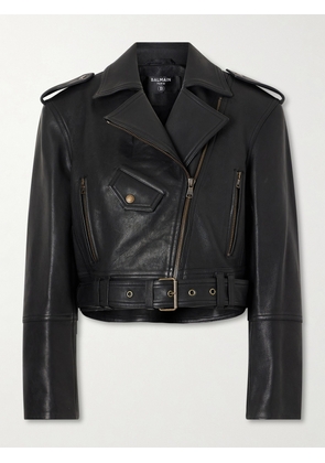 Balmain - Cropped Belted Leather Biker Jacket - Black - FR 34,FR 36,FR 38,FR 40,FR 42