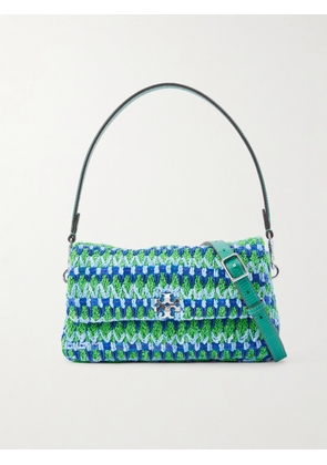Tory Burch - Charlie Embellished Snake-effect Leather-trimmed Crocheted Shoulder Bag - Blue - One size