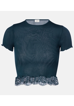 Saint Laurent Lace-trimmed cropped silk T-shirt